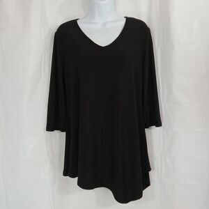 J & JL Fashion Blouse Women's Size Medium Black Asymmetrical Hemline 3/4 Sleev*